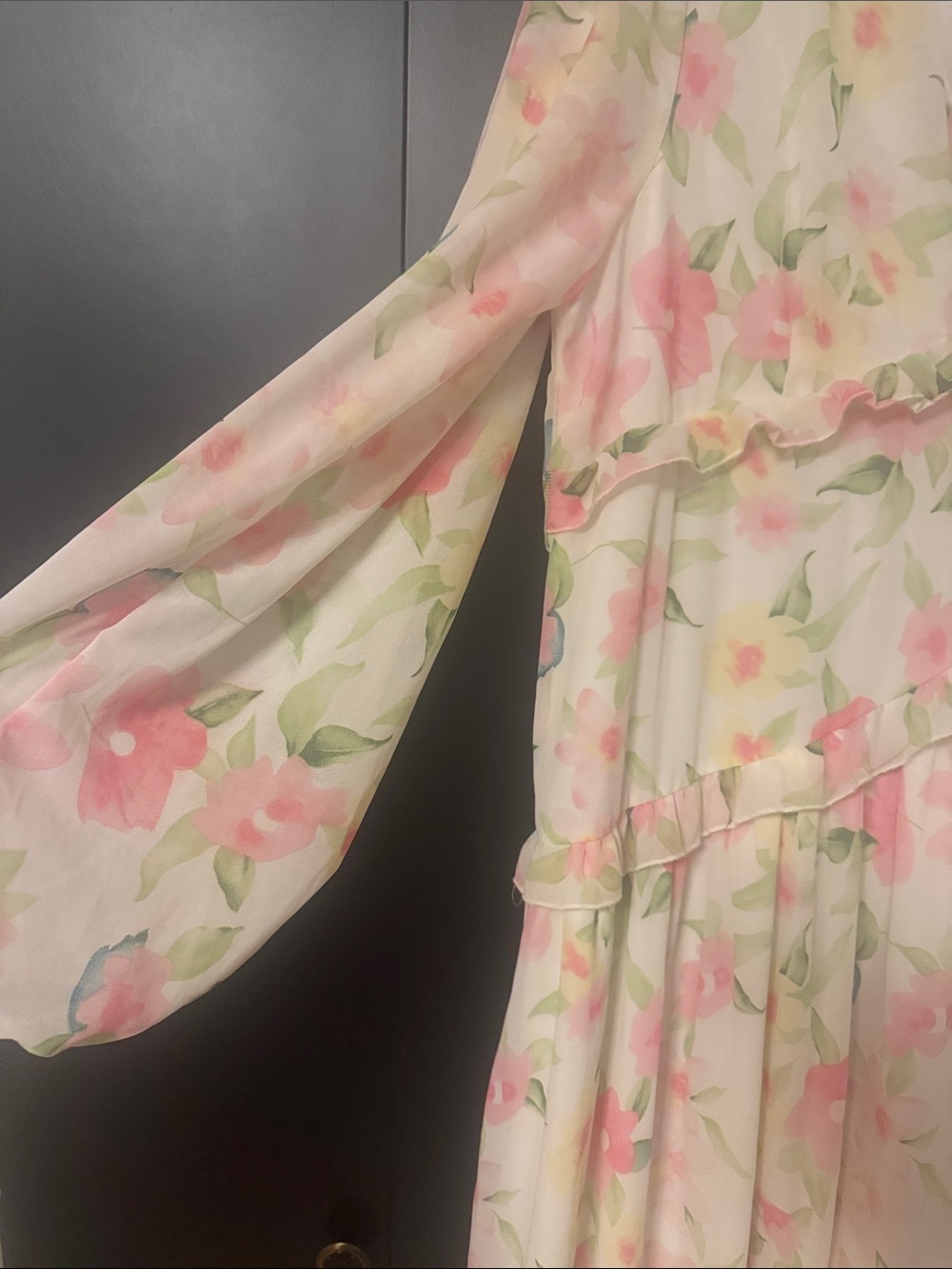 Boohoo Cream Floral Ruffle Maxi Dress - Pink & Green Print - Picture 4 of 6